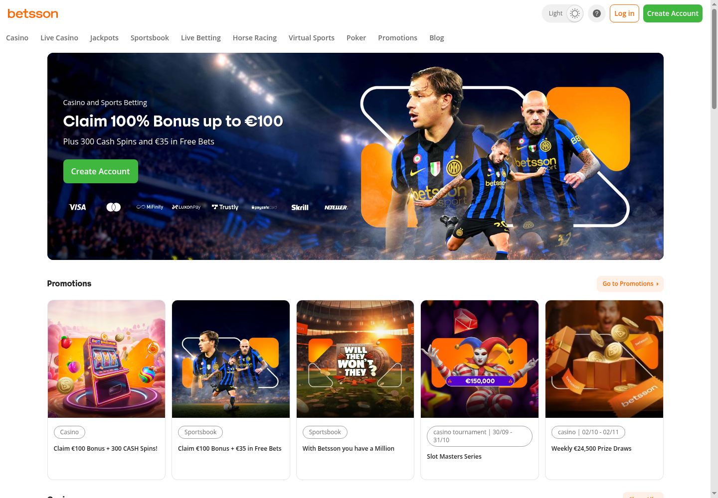 Betsson Casino: Startseite mit Willkommensbonus, CashSpins und Sportwetten-Angebot
