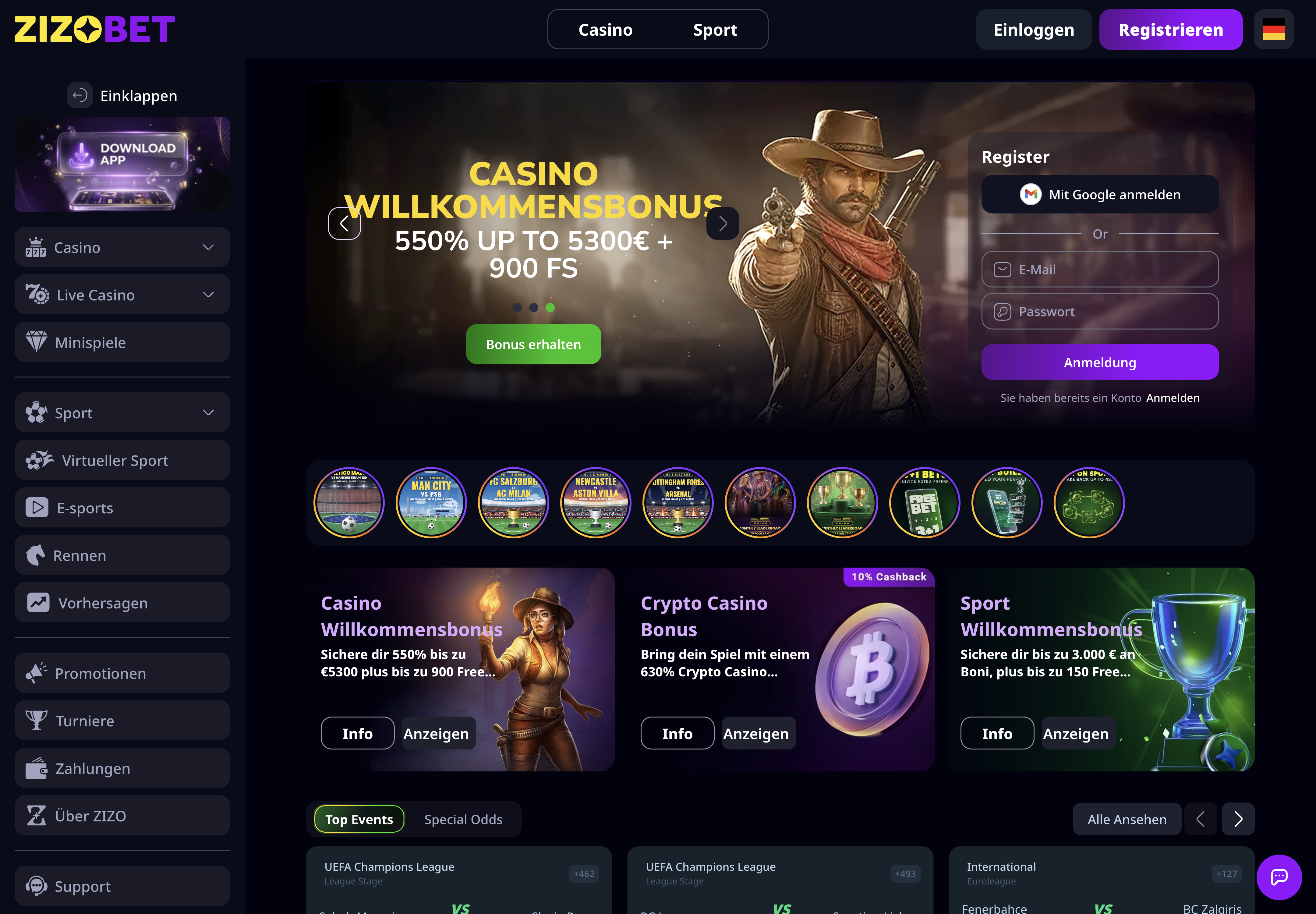 Zizobet Casino: deutsche Startseite mit Willkommensbonus, Freispielen und Sportwetten-Navigation