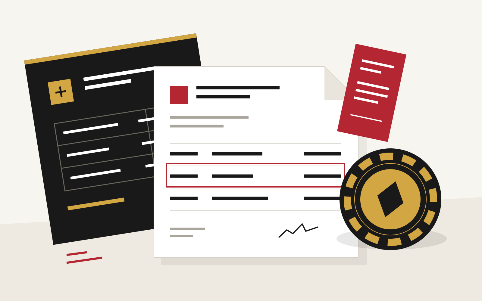 Illustration zum Herkunftsnachweis im MGA-Casino: Einkommensbeleg, Kontoauszug und Casinochip